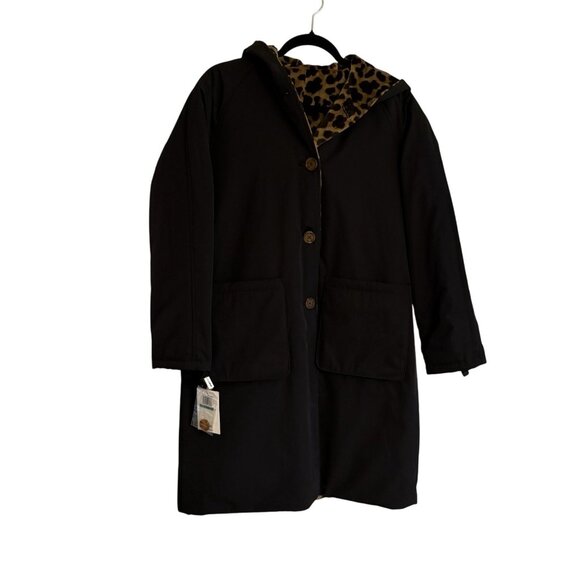 Jane Post Women L Black Leopard Button Front Long Reversible Hooded Coat NWT - Picture 1 of 14